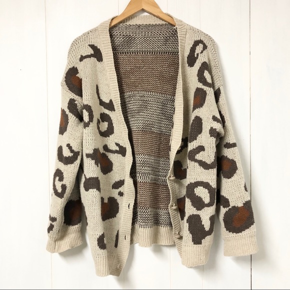 Leopard Print Tan and Brown Knit Cardigan Sweater - Picture 4 of 7